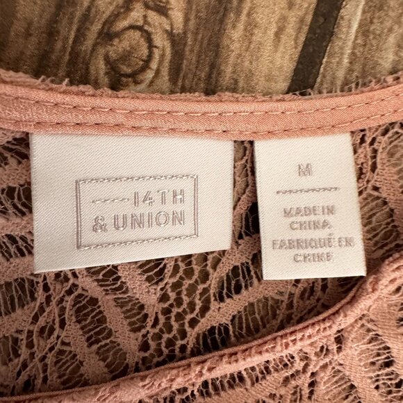 14th & Union Lace Top Shirt Womens M Ruched Sleeves Delicate Coquette Sheer - Picture 4 of 7